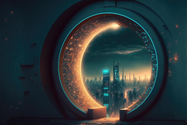 La rivoluzione mondiale attraverso il futuro portale del cerchio sullo sfondo del grattacielo