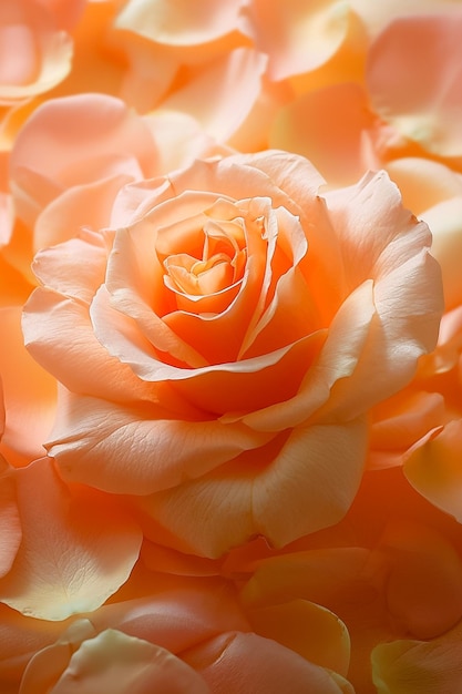 La rosa arancione pesca circondata da numerosi delicati petali sparsi in giro