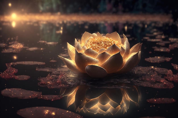 La rosa di loto dorata fiorisce di notte nell'acqua nella palude Fantasy fiore magico luce gialla dall'interno del riflesso del loto nell'acqua 3d illustrazione