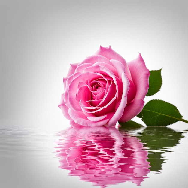 La rosa rosa si riflette su uno sfondo bianco