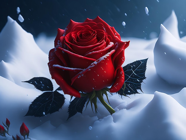 La rosa rossa magica congelata nella neve sullo sfondo romantico della generazione Ai