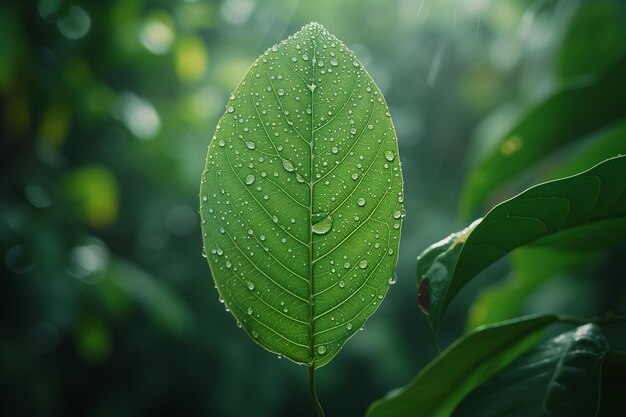 La rugiada mattutina sulla foglia verde lussureggiante