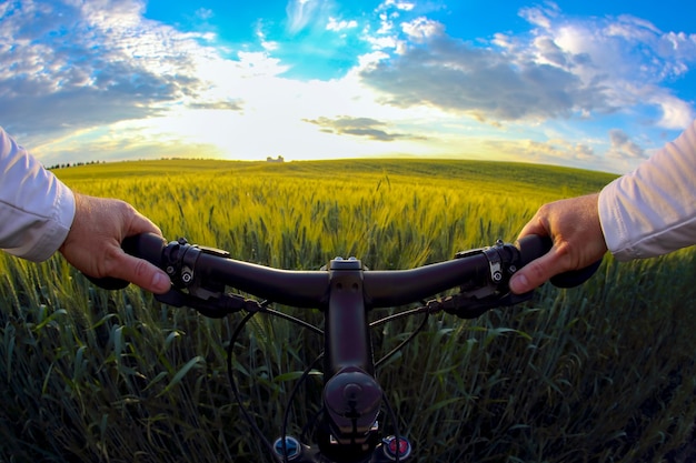 la ruota del primo piano ciclista contro un campo di grano alla luce del sole