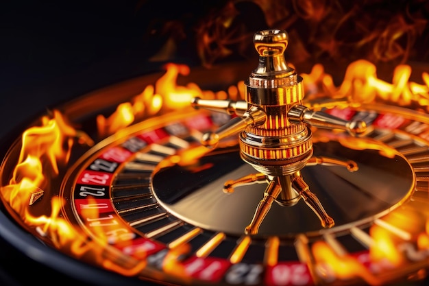 La ruota fiammeggiante del casinò gira sullo sfondo