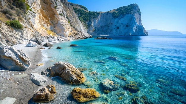 La sabbia blu del mare e le rocce su una bellissima spiaggia mediterranea
