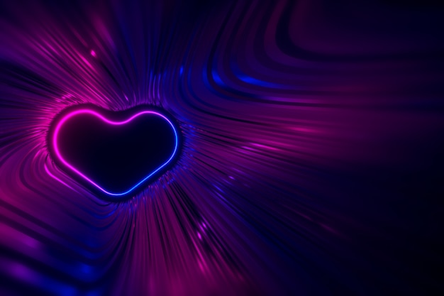 La sagoma di un cuore al neon luminoso sullo sfondo di strisce lucenti