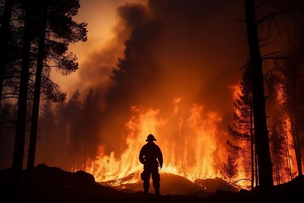 La sagoma di un pompiere sullo sfondo di un incendio