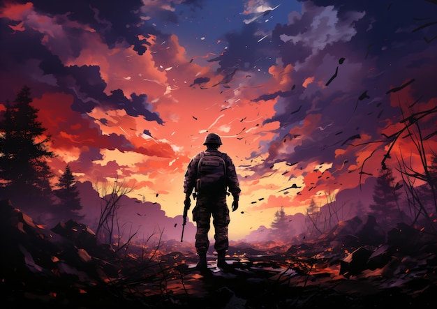 la sagoma di un soldato contro il colorato cielo del Veterans Day di loro creazione