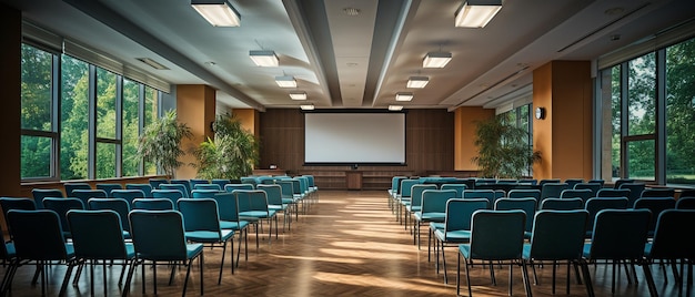 La sala conferenze vuota dell'hotel è preparata per gli ospiti.