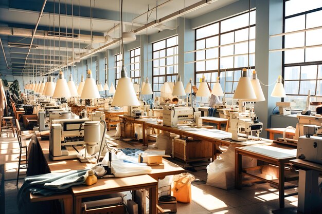 La sala della fabbrica era piena di macchine da cucire. Nessuna gente in fondo alla fabbrica.