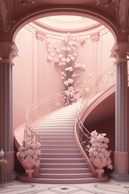 la sala delle scale da sogno con i fiori che la decorano nello stile del rosa chiaro