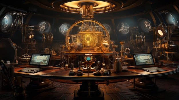 La sala di navigazione della Steampunk Airship39 con attrezzature e ingranaggi in ottone la mappa proiettata su vetro fumoso