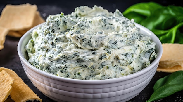 La salsa fredda di spinaci e carciofi con crema di formaggio e spinaci è un antipasto classico che piace sempre alla folla Generato da AI