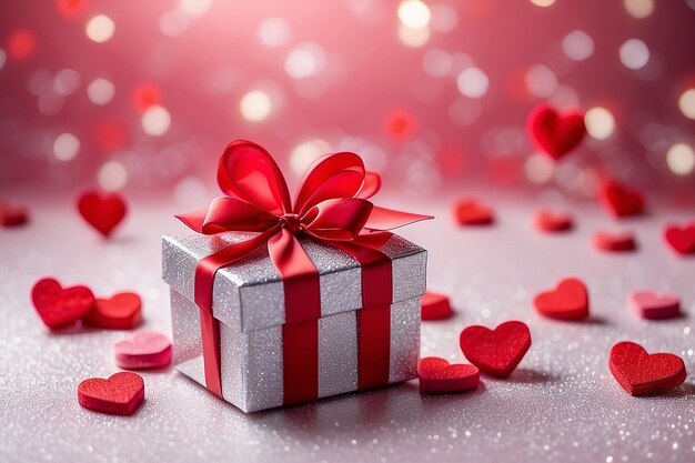 La scatola regalo a forma di cuore rosso su sfondo astratto luminoso luccicante in concetto d'amore per il giorno di San Valentino con momento dolce e romantico