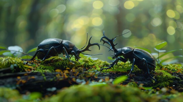 La scena dinamica di coleotteri che si scontrano su un tronco di muschio la foresta intorno a loro una sfocatura di verdi e marroni