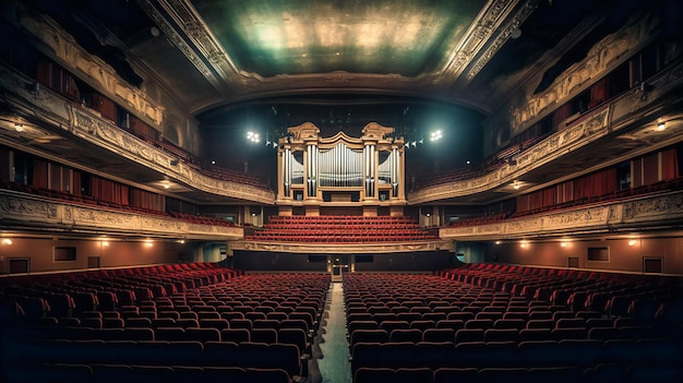 La scena evoca un senso di solitudine e attesa nella sala da concerto vuota