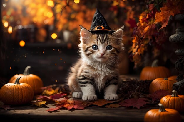 La scena stravagante di Halloween di Innocent Kitten con elementi magici