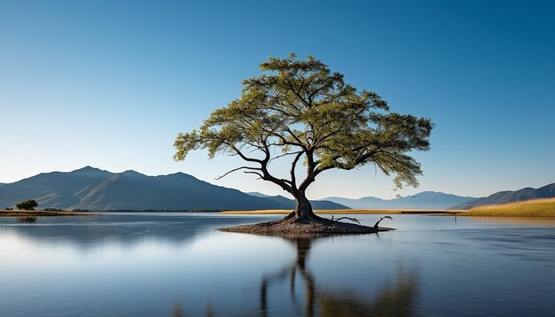 La scena tranquilla dell'acqua blu riflette la foresta autunnale generata dall'AI