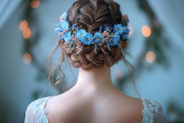 la schiena della sposa bruna con i capelli da sposa con fiori freschi e delicati nei capelli