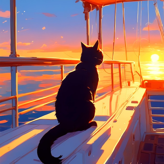 La schiena di un gatto che guarda il tramonto su una barca Golden Ratio Fake Detail Trending Pixiv Fanbox A