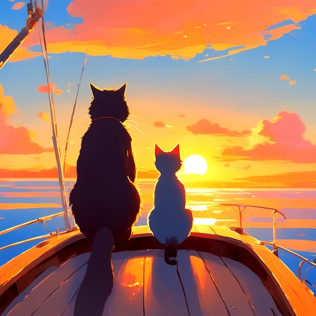 La schiena di un gatto che guarda il tramonto su una barca Golden Ratio Fake Detail Trending Pixiv Fanbox A