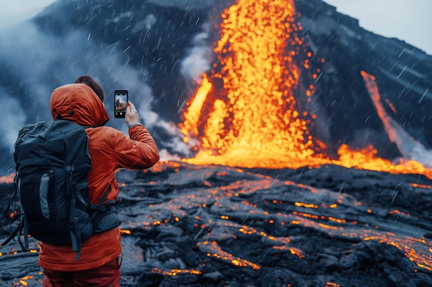 la schiena di un viaggiatore maschio che scatta fotografie con uno smartphone di un vulcano in eruzione nelle montagne