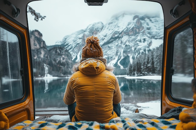 la schiena di una donna solitaria viaggiatore seduto all'interno di un camper van in natura da un lago in montagna in inverno