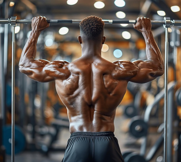 La schiena muscolare di un bodybuilder maschio nero atletico durante un allenamento in palestra