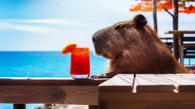 La scienza di rilassarsi e godersi la vita un capybara con un cocktail seduto