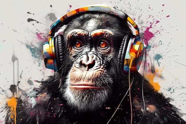 La scimmia che indossa occhiali da sole con le cuffie gode della musica Illustrazione della fauna selvatica AI generativa