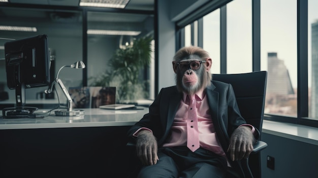 La scimmia è seduta in ufficio scimpanzé con gli occhiali direttore di ufficio