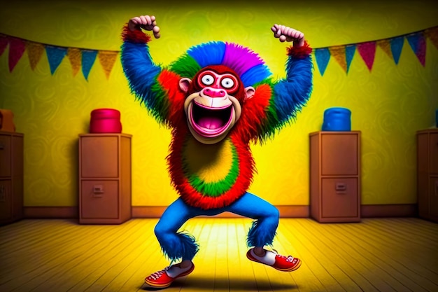 La scimmia sta ballando in una stanza con pareti gialle e decorazioni colorate.