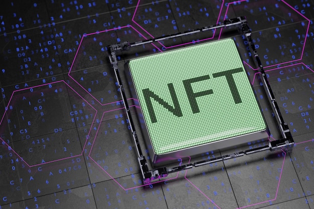 La scritta NFT sul display LCD NFT concept 3d rende