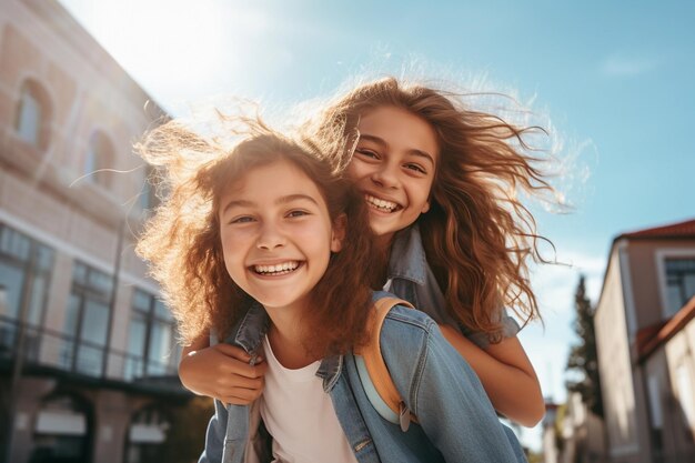 la scuola sorridente migliori amici all'interno luce adolescente moderno brillante classe scuola concetto ai