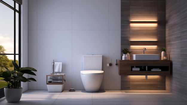 La semplicità di un bagno contemporaneo incentrato su un bagno pulito con un coperchio aperto circondato da piastrelle bianche lucidi