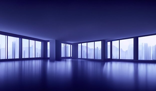 La sera interna dell'ufficio moderno della foto illumina le grandi finestre della stanza vuota