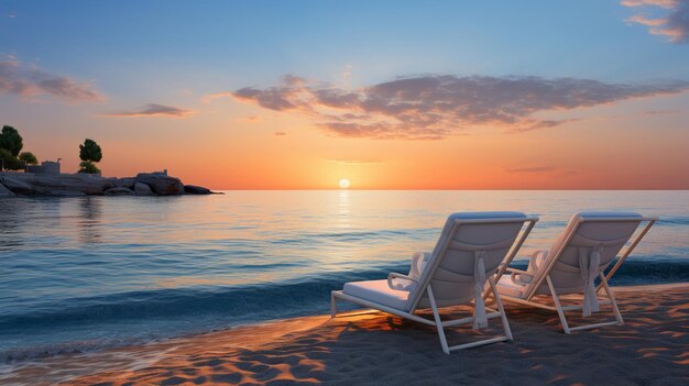 La serata tranquilla al mare il tramonto bagnando la riva in una luce calda con lettini vuoti di fronte alle acque calme e riflettenti