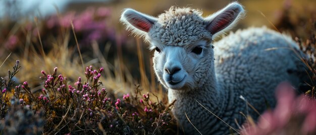 La serena alpaca nel prato dei fiori selvatici al tramonto