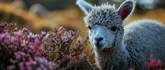 La serena alpaca nel prato dei fiori selvatici al tramonto