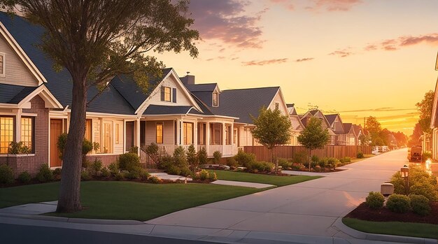 La serenità dell'ora d'oro di un pittoresco quartiere suburbano al tramonto e la cattura dell'essenza della vita familiare ideale