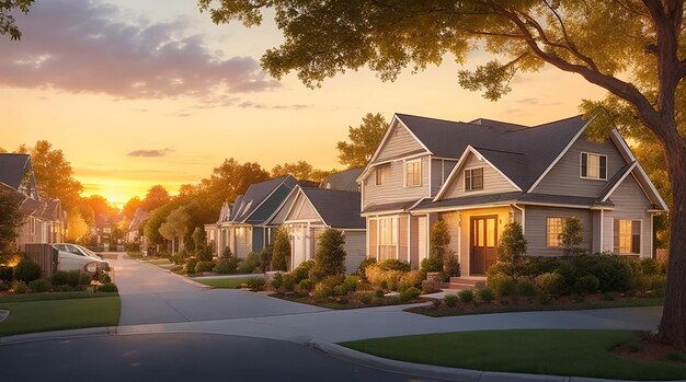 La serenità dell'ora d'oro di un pittoresco quartiere suburbano al tramonto e la cattura dell'essenza della vita familiare ideale