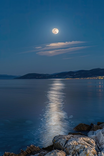 La serenità della notte, il paesaggio marino illuminato dalla luna e il cielo colorato.