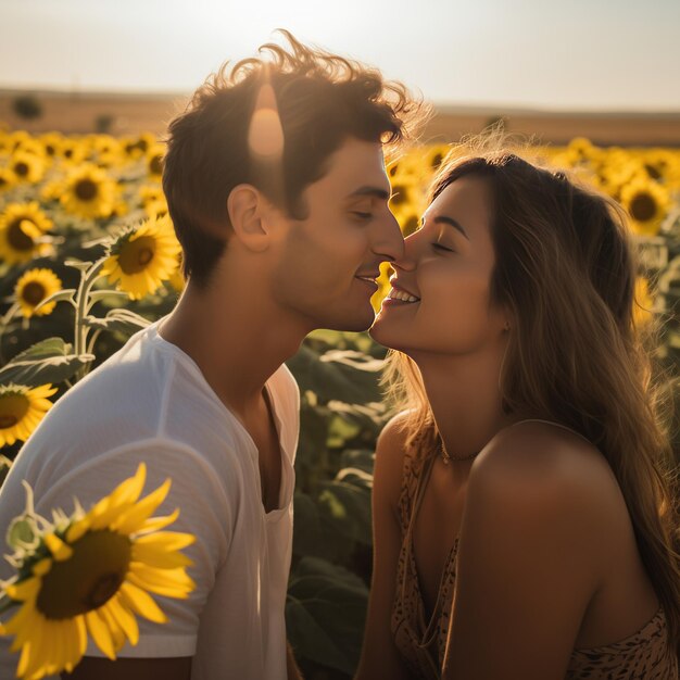 La serenità illuminata dal sole, la risata e l'amore mentre una coppia passeggia tra i girasoli