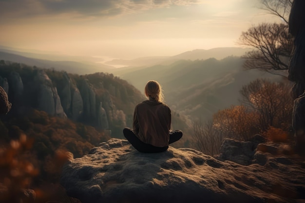 La serenità nella natura la donna trova equilibrio praticando lo yoga in pacifica solitudine