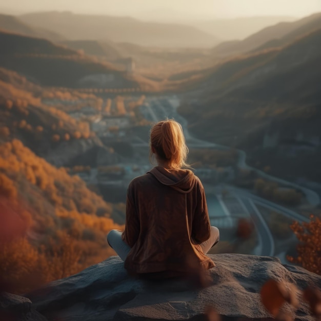 La serenità nella natura la donna trova equilibrio praticando lo yoga in pacifica solitudine