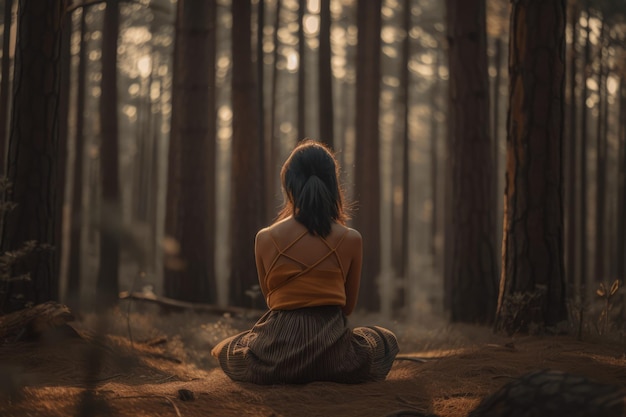 La serenità nella natura la donna trova equilibrio praticando lo yoga in pacifica solitudine