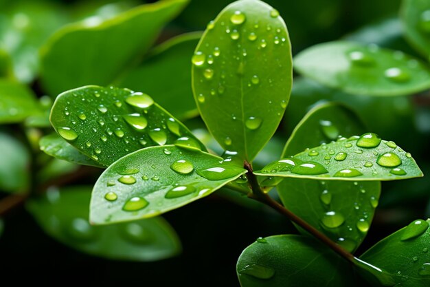 La serenità verde le gocce d'acqua sulle foglie sullo sfondo le nature abbracciano