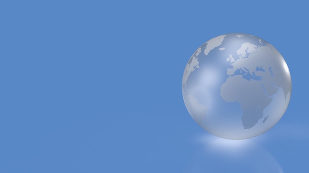 La sfera di cristallo del mondo su sfondo blu rendering 3d