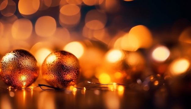 La sfera dorata si illumina a lume di candela che illumina l'arredamento festivo di Natale generato dall'intelligenza artificiale