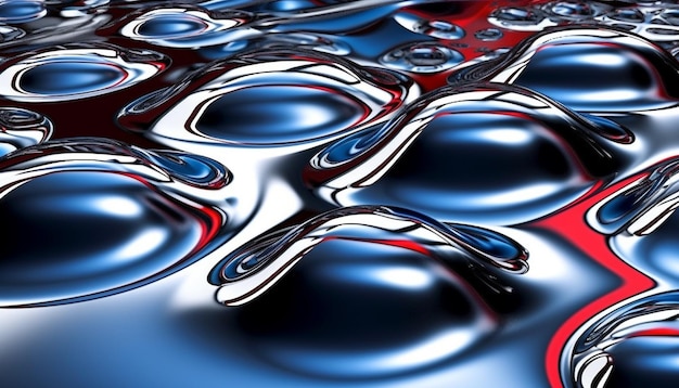 La sfera metallica astratta riflette il modello d'onda futuristico nel liquido blu generato dall'intelligenza artificiale